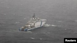 This photo provided by the Finnish Border Guard shows its vessel Turva on patrol on Oct. 11, 2023, near where the damaged Balticconnector gas pipeline was pinpointed in the Gulf of Finland. (Lehtikuva/Finnish Border Guard via Reuters)