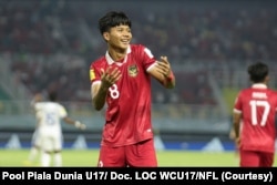 Wonderkid Piala Dunia U17 asal indonesia, Arkhan Kaka, merayakan gol usai menjebol gawang Panama di laga kedua Tim Garuda Muda di stadion Gelora Bung Tomo Surabaya. (Foto: Pool Piala Dunia U17/ Doc. LOC WCU17/NFL)