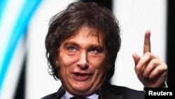 FILE - Argentine presidential candidate Javier Milei of La Libertad Avanza party speaks during an electoral campaign event ahead of the presidential election, in Buenos Aires, Argentina, October 18, 2023.
