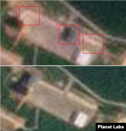 북한 동창리 서해위성발사장의 기존 발사장의 3일(위) 모습. 1. 갠트리타워 옆 지점. 2. 현재 위치. 3. 주처리건물 옆 지점. 아래는 하루 전인 2일 자 위성사진. 사진=Planet Labs