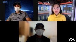 A screenshot of Burmese residents in Tel Aviv Win Ko, top left, and Santos, bottom, during a Zoom interview with VOA reporter Ingyin Naing.