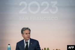 토니 블링컨 미 국무장관이 14일 아시아태평양경제협력체(APEC) 회의가 열리는 미국 샌프란시스코에서 개최된 미한일 외교장관회담에서 발언하고 있다.