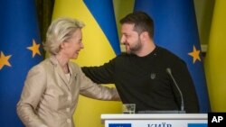 European Commission President Ursula von der Leyen and Ukrainian President Volodymyr Zelenskyy attend a press conference in Kyiv, Ukraine, Nov. 4, 2023.