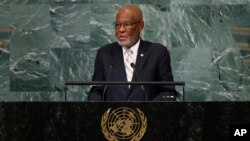 FILE - Haiti's Foreign Minister Jean Victor Geneus addresses the 77th session of the United Nations General Assembly, at U.N. headquarters, Sept. 24, 2022.