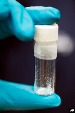 FILE - A vial containing 2 milligrams of fentanyl is displayed at the Drug Enforcement Administration (DEA) Special Testing and Research Laboratory in Sterling, Va., Aug. 9, 2016.