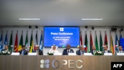 5일 오스트리아 빈에서 열린 오펙플러스(OPEC+) 회의 직후 참석자들이 기자회견하고 있다. (자료사진)