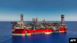 This handout picture released by Energean oil and gas company on Sept. 20, 2022 shows an Energean Floating production storage and offloading (FPSO) ship in the Karish field, an offshore gas field in the Mediterranean sea which is claimed by Israel and partly by Lebanon.