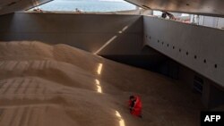 FILE - A crew member prepares a grain analysis onboard a ship coming from Ukraine loaded with grain and anchored in Istanbul, on Oct. 11, 2022.