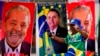 FILE - A demonstrator dressed in the colors of the Brazilian flag stands in front of towels for sale featuring Brazilian presidential candidates current President Jair Bolsonaro, center, and former President Luiz Inacio Lula da Silva, in Brasilia, Brazil, Sept. 27, 2022. 