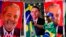 FILE - A demonstrator dressed in the colors of the Brazilian flag stands in front of towels for sale featuring Brazilian presidential candidates current President Jair Bolsonaro, center, and former President Luiz Inacio Lula da Silva, in Brasilia, Brazil, Sept. 27, 2022. 