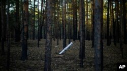 A Russian rocket sticks out of the ground in a forest near Oleksandrivka village, Ukraine, Oct. 6, 2022.