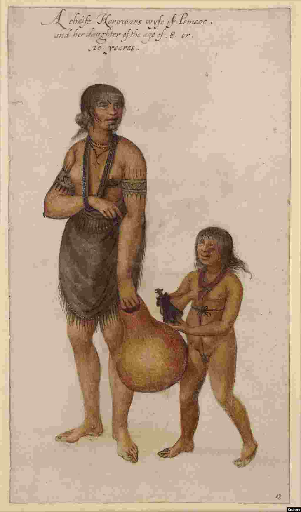 Watercolor portrait of a chief's wife and daughter in the Carolina Algonquian village of Pomeoc, 1585. © The Trustees of the British Museum
