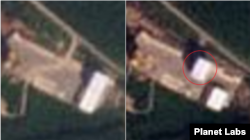 동창리 서해위성발사장을 촬영한 지난 9월(왼쪽)과 이달 11일(오른쪽) 위성사진. 이동식 조립건물(원 안)이 이동한 모습이 확인된다. 자료=Planet Labs