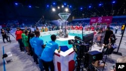 Robots from different teams compete during the 6th edition of the First Global Robotics Challenge in Geneva, Switzerland, Oct. 15, 2022.
