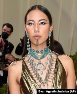 Quannah Chasinghorse at a Metropolitan Museum of Art's Costume Institute benefit gala, Monday, Sept. 13, 2021, in New York.