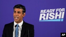 FILE - British Conservative Party member Rishi Sunak launches his campaign for the party's leadership, in London, July 12, 2022.