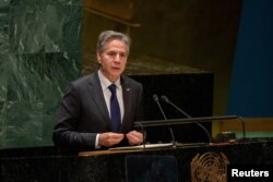 토니 블링컨 미 국무장관이 1일 뉴욕 유엔본부에서 개막한 제10차 핵확산금지조약(NPT) 평가회의에서 연설하고 있다.