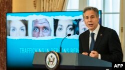 US Secretary of State Antony Blinken speaks during the 2022 Trafficking in Persons (TIP) Report launch ceremony at the State Department in Washington, DC, on July 19, 2022. (Photo by Manuel Balce Ceneta / POOL / AFP)