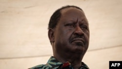 FILE - Azimio La Umoja Coalition presidential candidate Raila Odinga reacts on stage during a campaign rally in Murang'a, July 23, 2022, ahead of Kenya's August 2022 general election.