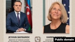 Azərbaycan xarici işlər naziri Ceyhun Bayramov ilə Amerika Birləşmiş Ştatları Dövlət Katibinin köməkçisi Karen Donfrid 