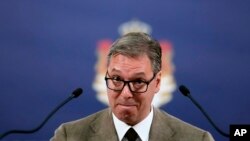 FILE - Serbian President Aleksandar Vucic speaks during a news conference in Belgrade, Serbia, June 29, 2022.