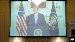 A video of President Donald Trump recording a statement on Jan. 7, 2021, is played, as the House select committee investigating the Jan. 6 attack on the US Capitol holds a hearing July 21, 2022. 