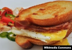 You can make a sandwich from anything. Pictured here is a breakfast sandwich with egg and meat.