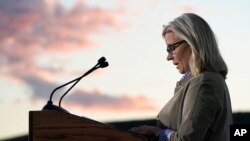 Rep. Liz Cheney, R-Wyo., speaks, Aug. 16, 2022, at a primary Election Day gathering in Jackson, Wyo. Cheney lost to Republican opponent Harriet Hageman in the primary. 