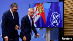 NATO Secretary-General Jens Stoltenberg meets Serbian President Aleksandar Vucic at the alliance's headquarters in Brussels, Belgium, Aug. 17, 2022. 