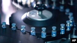 FILE - This August 2022 photo provided by Pfizer shows vials of the company's updated COVID-19 vaccine during production in Kalamazoo, Michigan. 