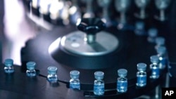 FILE - This August 2022 photo provided by Pfizer shows vials of the company's updated COVID-19 vaccine during production in Kalamazoo, Michigan. 