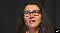 FILE - Mary Peltola, a Democrat seeking the sole US House seat in Alaska, speaks during a forum for candidates, May 12, 2022, in Anchorage, Alaska. 