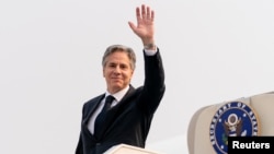 FILE - Secretary of State Antony Blinken boards his plane at N'Djili International Airport, to travel to Rwanda, in Kinshasa, Congo, Aug. 10, 2022. Next week, he will travel to Cape Verde, Ivory Coast, Nigeria, and Angola. 