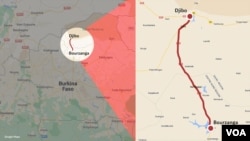 Peta yang menunjukkan jalanan antara Bourzanga dan Djibo yang terletak do wilayah pusat di utara Burkina Faso. (Foto: VOA)