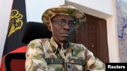 FILE - Major General Lucky Irabor, Nigeria's defense chief, speaks to media during an interview in Maiduguri, Nigeria, Feb. 15, 2017. 