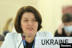 FILE - Ukraine's ambassador Yevheniia Filipenko attends the special session on the situation in Ukraine of the Human Rights Council at the United Nations in Geneva, Switzerland, March 4, 2022.