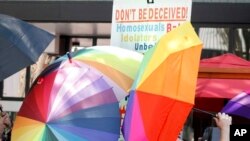 FILE - A sign-carrying anti-gay protester is surrounded by a sea of Pride umbrellas during the Pride parade in Winston-Salem, N.C., June 18, 2022. (AP Photo/Skip Foreman, File)
