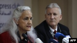 FILE - Marc and Debra Tice, parents of U.S. journalist Austin Tice, who was abducted in Syria more than six years ago, give a press conference in Beirut, Dec. 4, 2018.