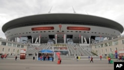 FILE - A general view of the St. Petersburg Stadium prior to the Confederations Cup soccer match between New Zealand and Portugal, in St. Petersburg, Russia, June 24, 2017. 