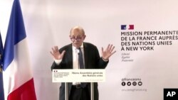 FILE - In this photo taken from video, France's Foreign Minister Jean-Yves Le Drian speaks during a news conference, Sept. 20, 2021, in New York.