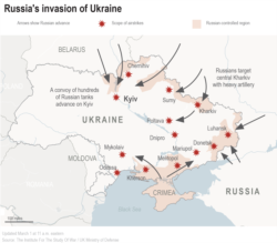 This map shows the locations of known Russian military strikes and ground attacks inside Ukraine after Russia announced a military invasion of Ukraine. The information is current as of March 1, 2022 at 11 a.m. eastern time.