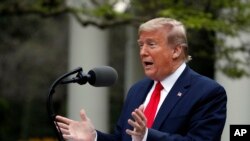 FILE - President Donald Trump speaks about the coronavirus in the Rose Garden of the White House, April 14, 2020, in Washington. 