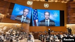 토니 블링컨 미국 국무장관이 1일 스위스 제네바에서 열린 유엔 인권이사회 고위급 회기에서 화상으로 연설했다.