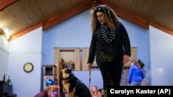 Volunteer puppy raiser Suzette Galyean works with 5-month-old German Shepard puppy Thunder during a Guiding Eyes for the Blind big puppy class at St. Matthew's United Methodist Church, in Bowie, Md., Monday, Feb. 14, 2022. (AP Photo/Carolyn Kaster