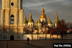 FILE - In the historic center of Kyiv, St. Sophia Cathedral is a UN World Heritage site representing the architecture and arts of the early 11th century. It has 13 domes and was designed to rival Hagia Sophia in Constantinople. (Photo by Hai Do)