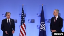 NATO Secretary General Jens Stoltenberg and US Secretary of State Antony Blinken speak during a news conference before a NATO foreign ministers meeting at the Alliance's headquarters in Brussels, March 4, 2022.