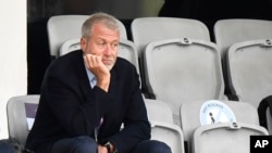 FILE - Then-Chelsea soccer club owner Roman Abramovich attends a soccer match in Gothenburg, Sweden, May 16, 2021.