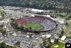 An aerial view of the Rose Bowl stadium prior to the Rose Bowl NCAA college football game between Southern California and Penn State on Monday, Jan. 2, 2017, in Pasadena, Calif. (The Tournament of Roses via AP Pool)