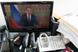 Russian Foreign Minister Sergey Lavrov is seen on a computer monitor at U.N. headquarters as he speaks during the 75th session of the U.N. General Assembly, Sept. 24, 2020.