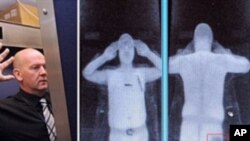 This file combination of images taken on October 13, 2009 shows an airport staff member (L) demonstrating a full body scan at Manchester Airport in Manchester, England